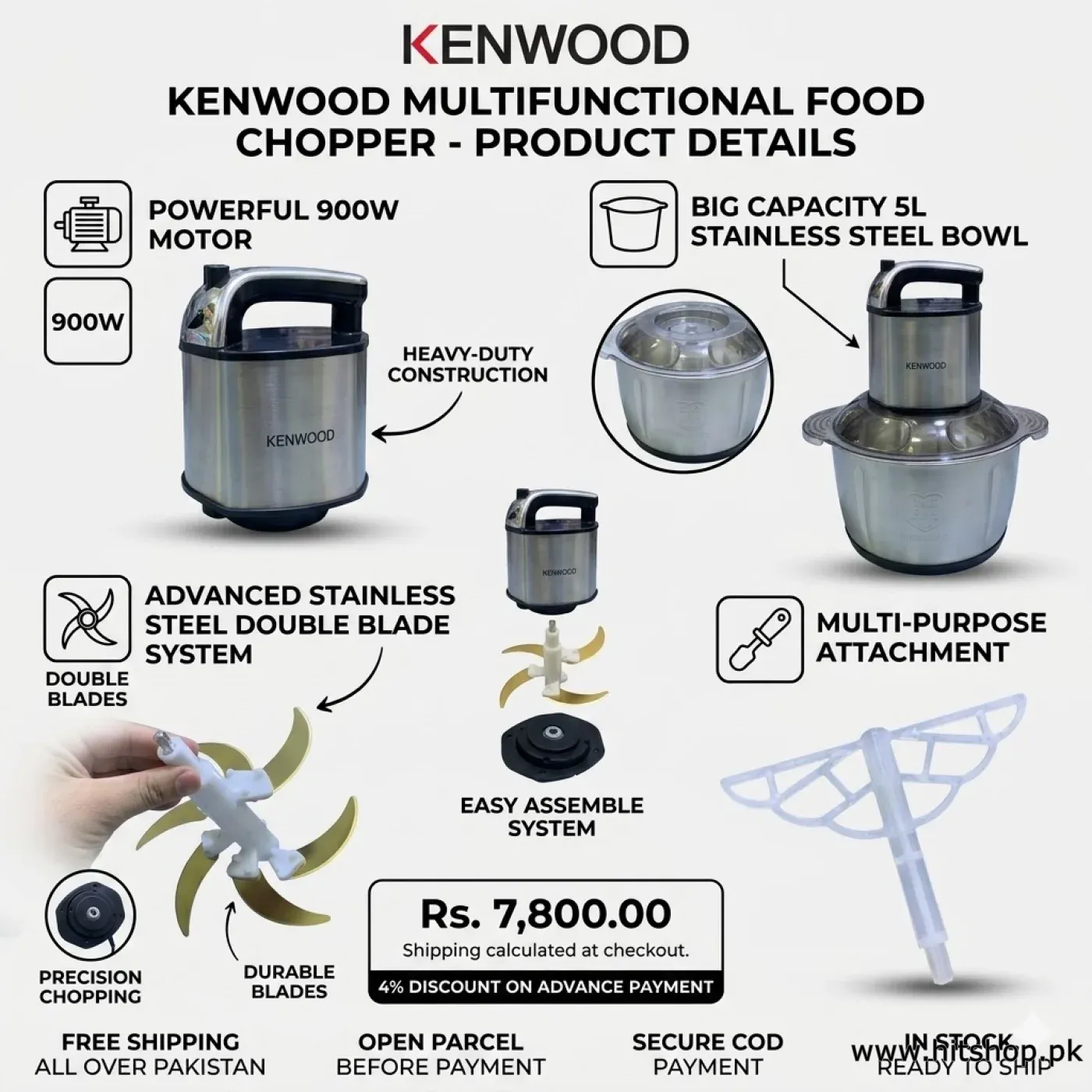 Kenwood Multifunctional Food Chopper 5L - 900W Electric Meat Grinder